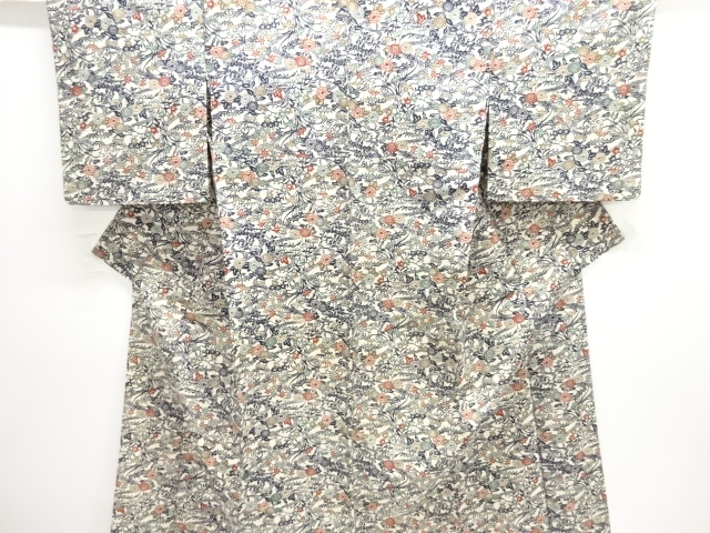 大正ロマン　型染流水に草花模様上代紬単衣着物